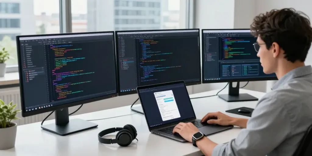Developer at h5.2113.net workspace, coding with multiple monitors.