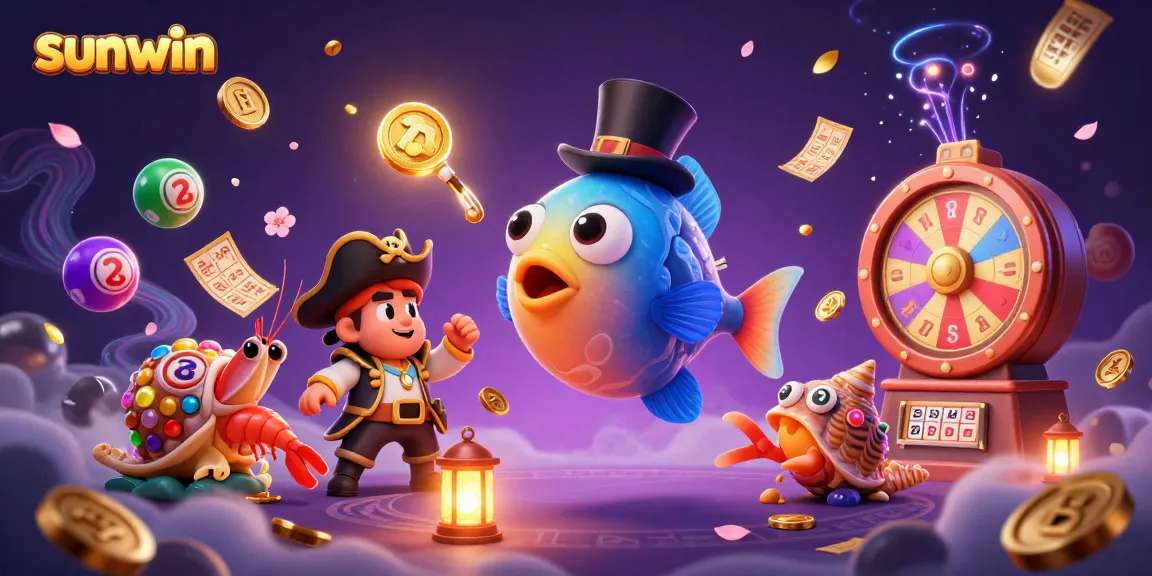 Engage with sunwin's vibrant lottery scene featuring animated characters, colorful balls, and golden prizes.
