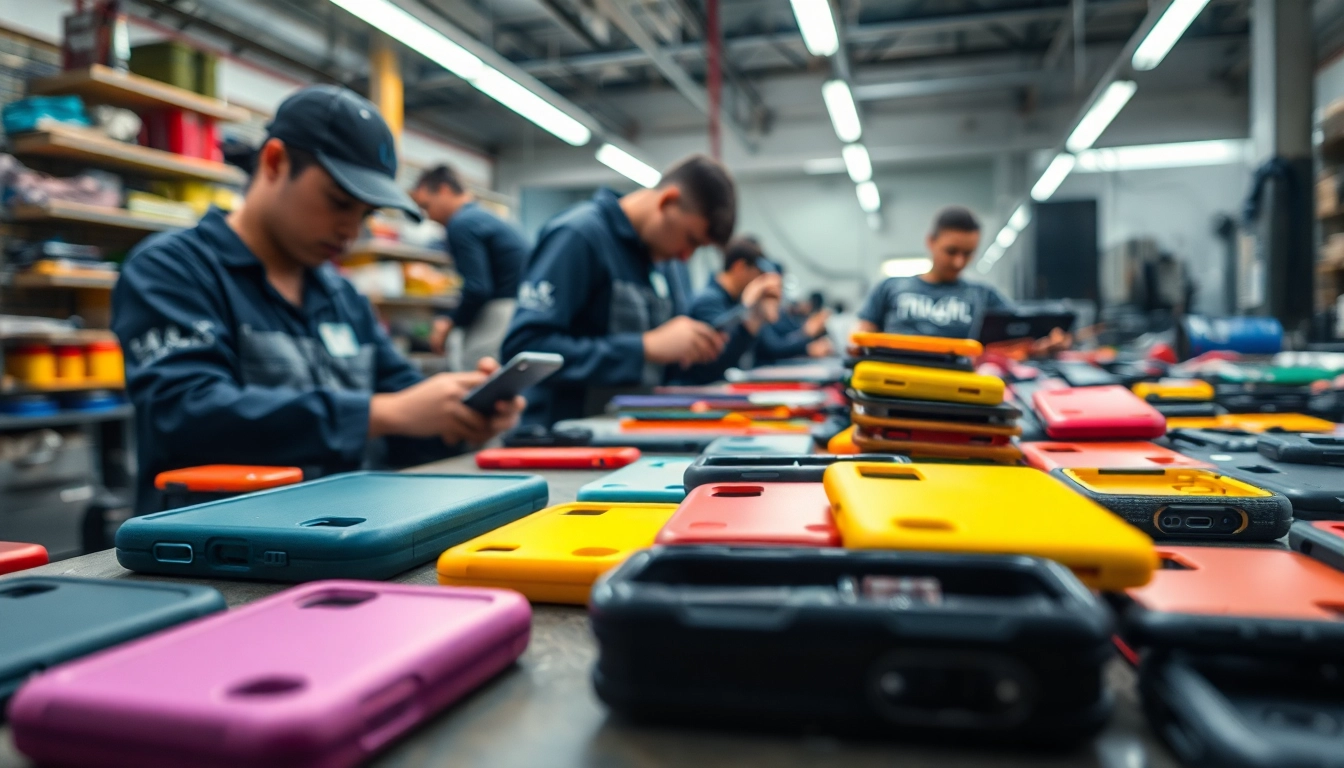 Explore the intricate process at a cell phone case factory, focusing on artisans crafting diverse phone cases.