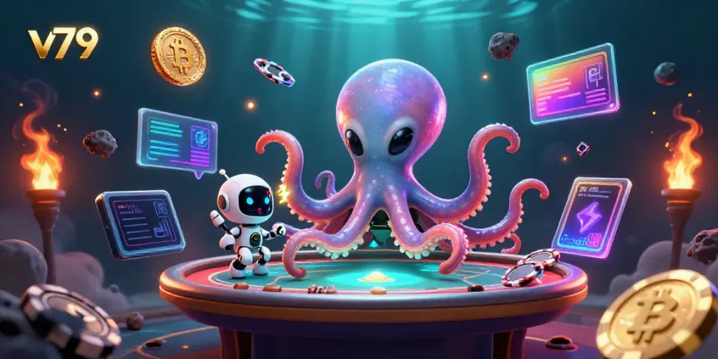 Engaging alien octopus in shimmering suit plays poker at V79, surrounded by glowing crypto coins.