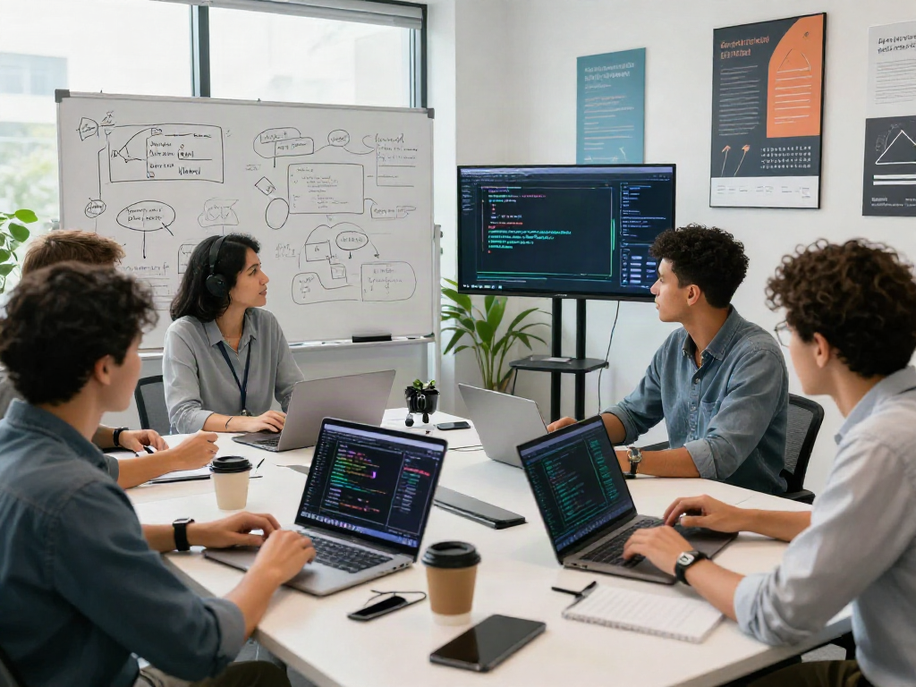 Team collaboration on crush on ai in a modern office, showcasing vibrant technology and teamwork.