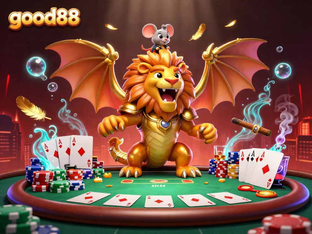Engage in thrilling gameplay with good88, featuring a dynamic chimera and poker elements in a 3D illustration.