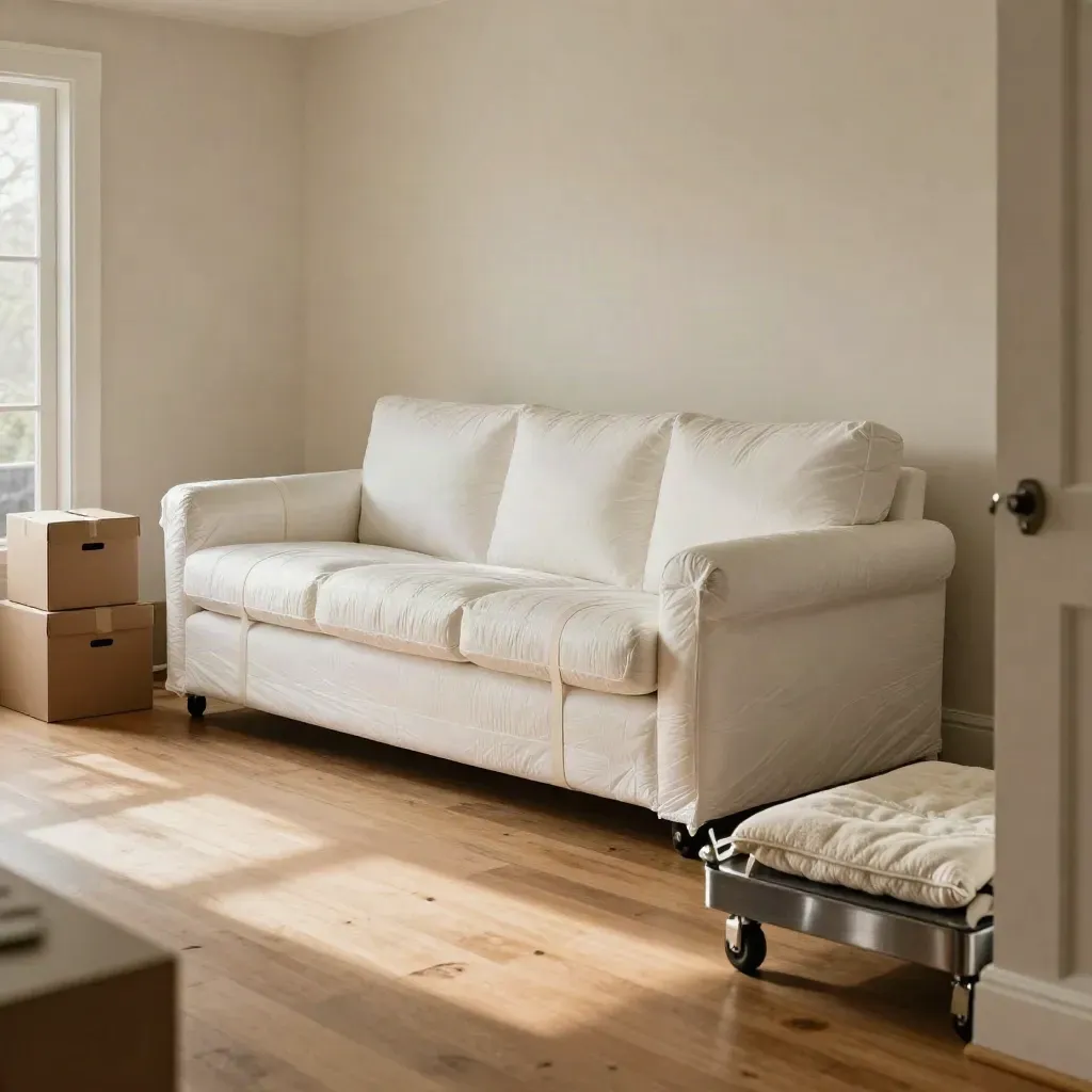Townhouse living room staged for loading with wrapped sofa, rugs, sealed boxes, and sunbeams.