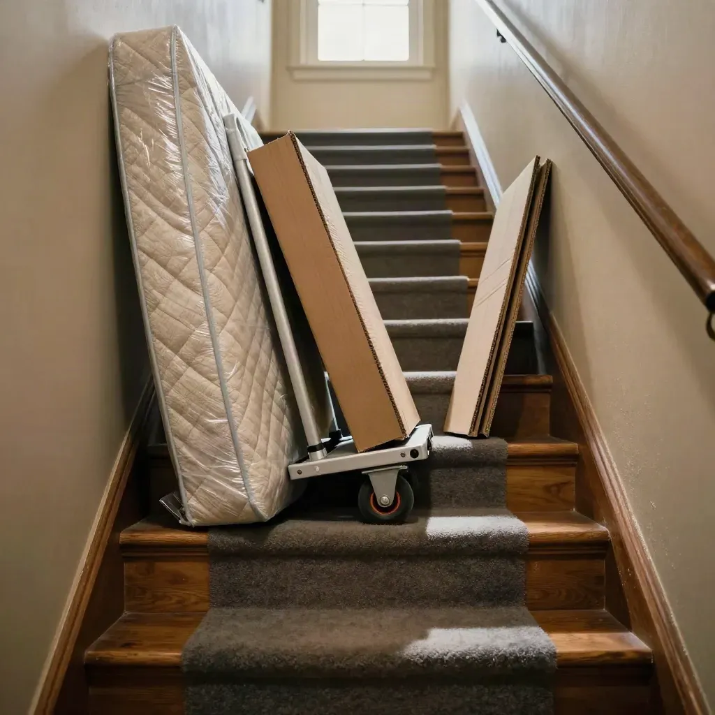 Wrapped mattress and dolly on a protected apartment stairwell landing, viewed from below.