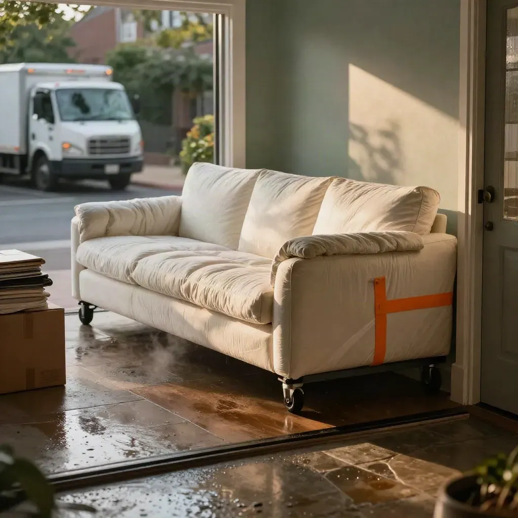 Wrapped sectional and moving gear at a rainy townhouse doorway at dawn.