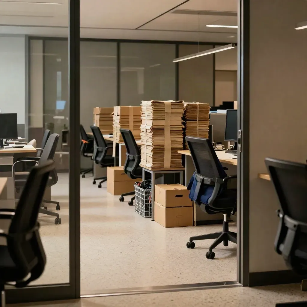 After-hours office with stacked monitor sleeves, nested chairs and lined boxes by dark glass walls.