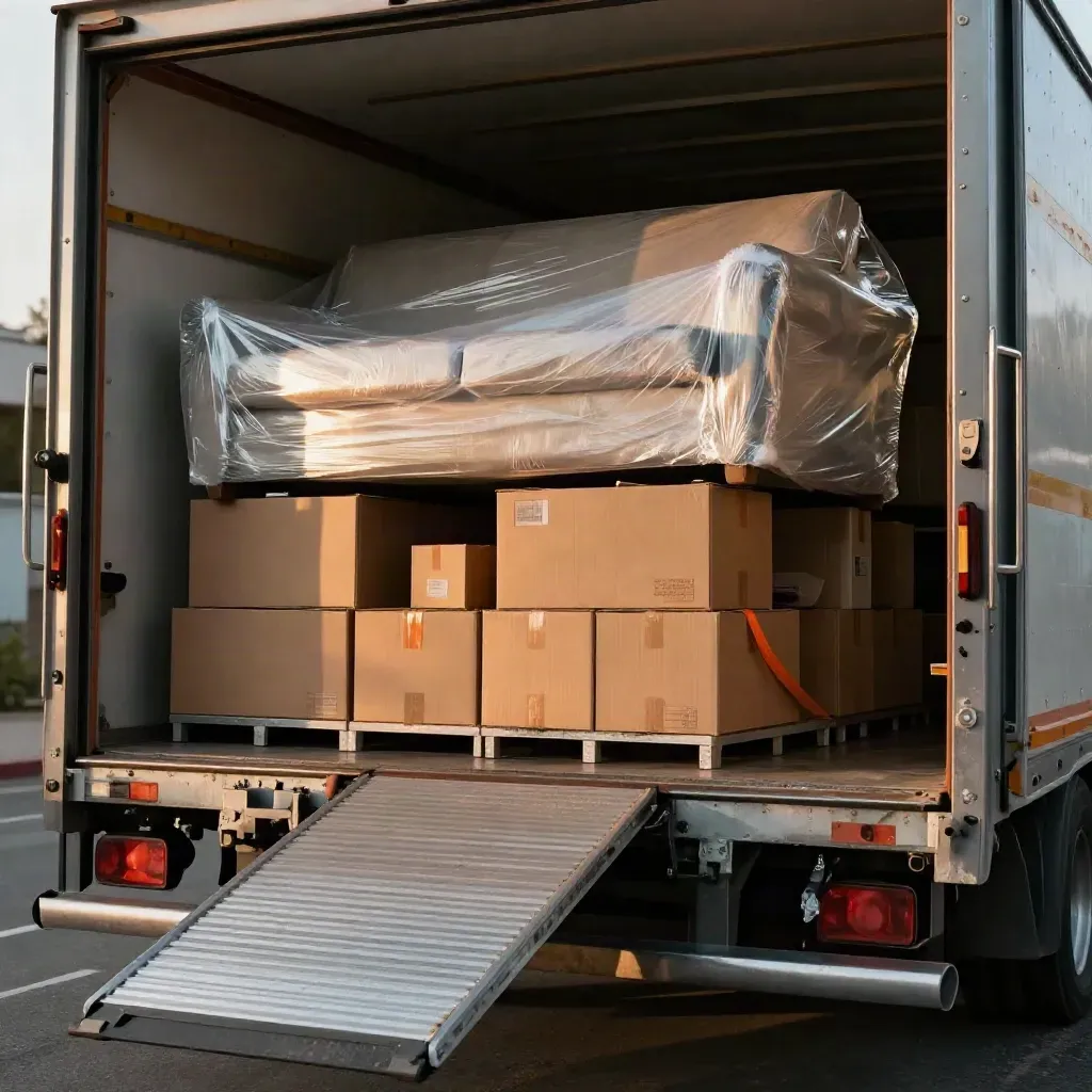 Ground-level view into a rental truck bay packed with wrapped furniture, boxes, ramp and dolly track.