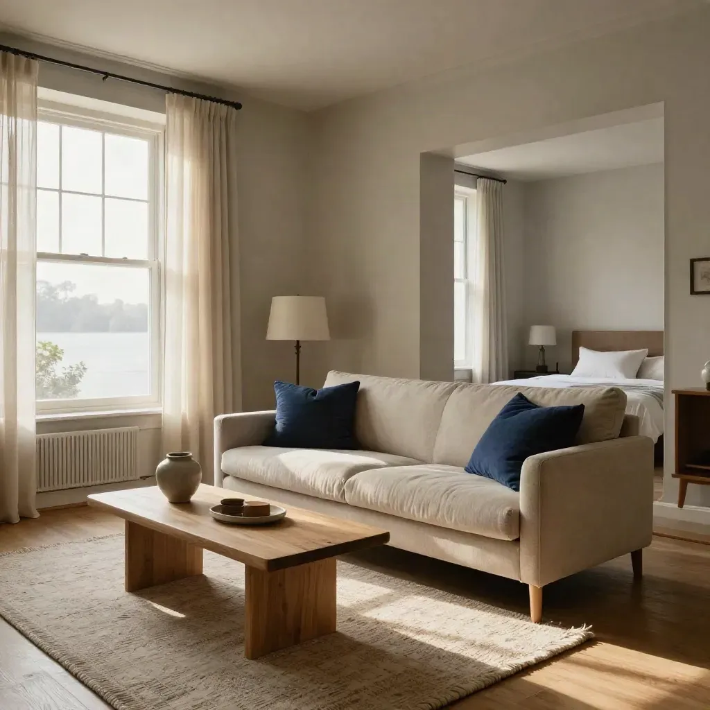 Finished Lakeview two-bedroom apartment with sofa, rug, and made bed in warm morning light