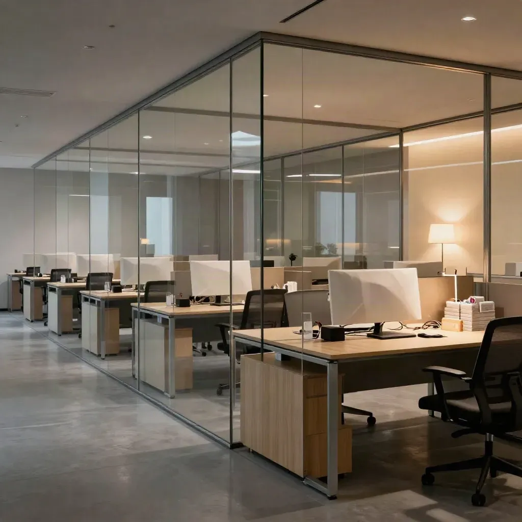 Empty office after hours with aligned desks, tucked chairs, white covers, and soft glass reflections.