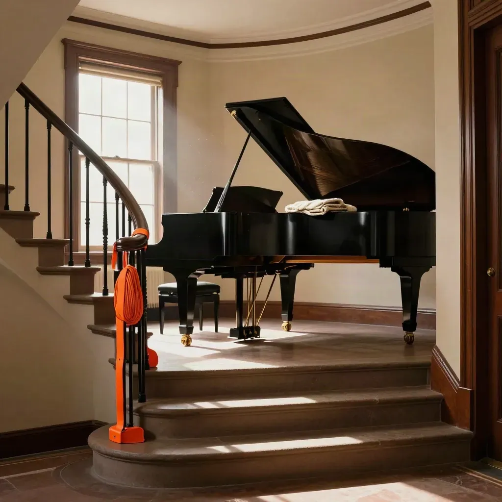 Grand piano settled on a brownstone stair landing with wrapped rails and folded blankets