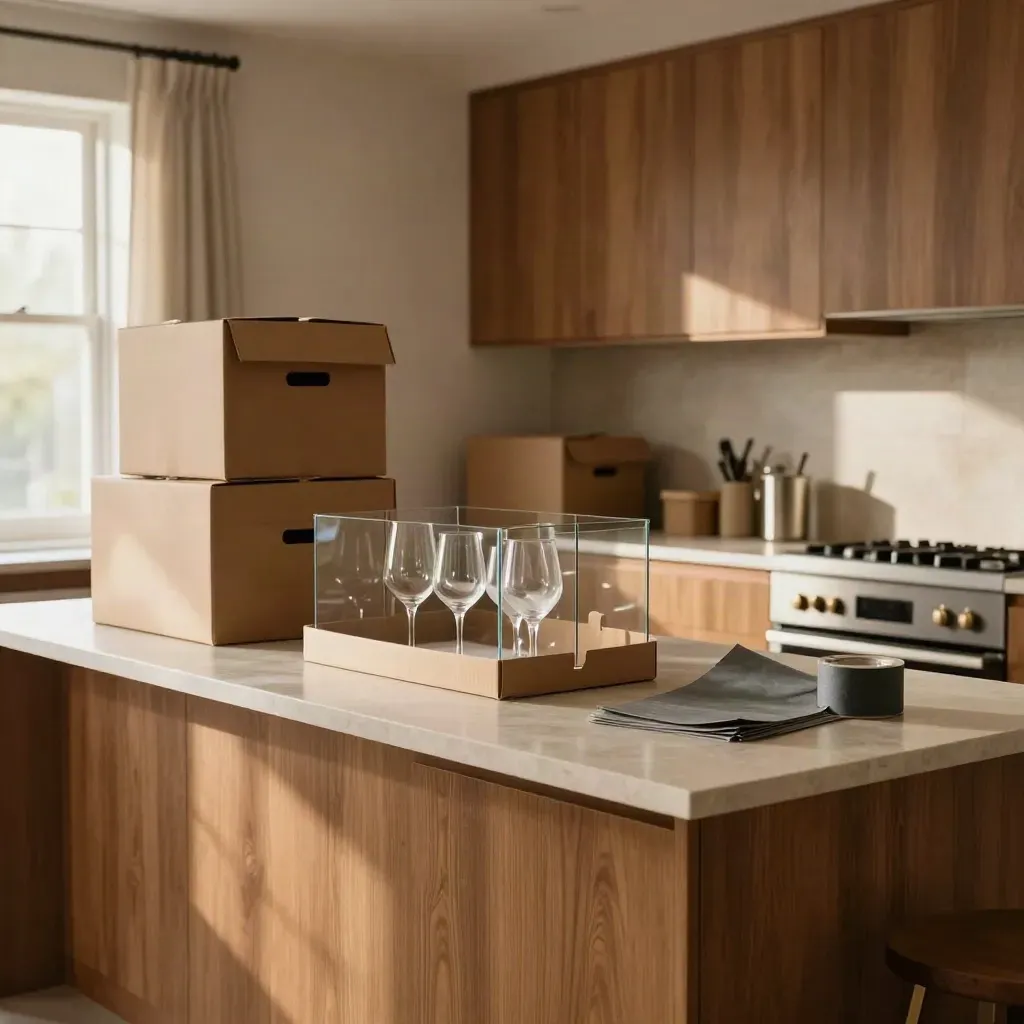 Packed family kitchen with sealed boxes, glass dividers, wrapped stemware, and cleared counters.