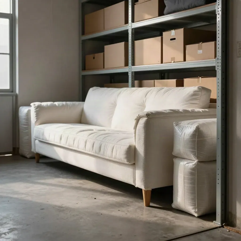 Wrapped furniture, mattress bags, and stacked boxes inside a hazy storage unit lit by afternoon light.