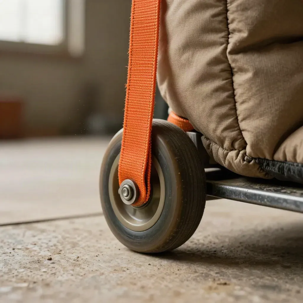 Macro of a dolly wheel, orange strap, and quilted moving pad on a loading dock.