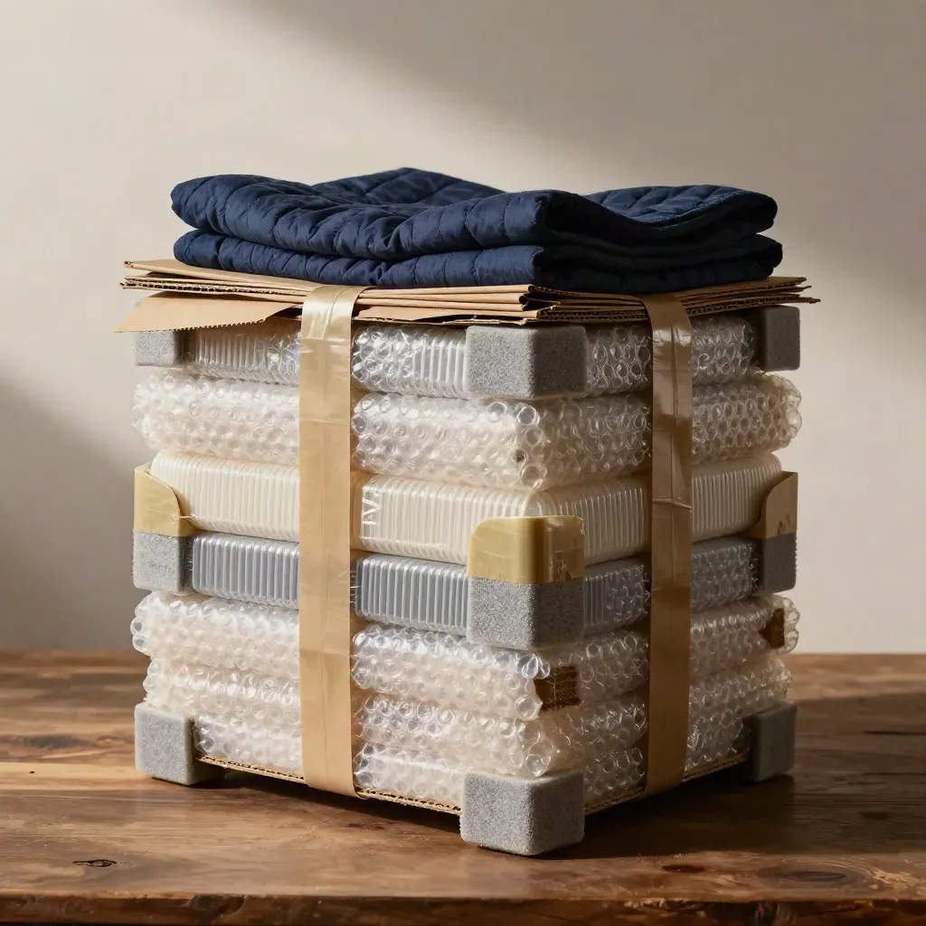 Packing materials stacked on a walnut bench with soft shadows and a navy blanket accent.