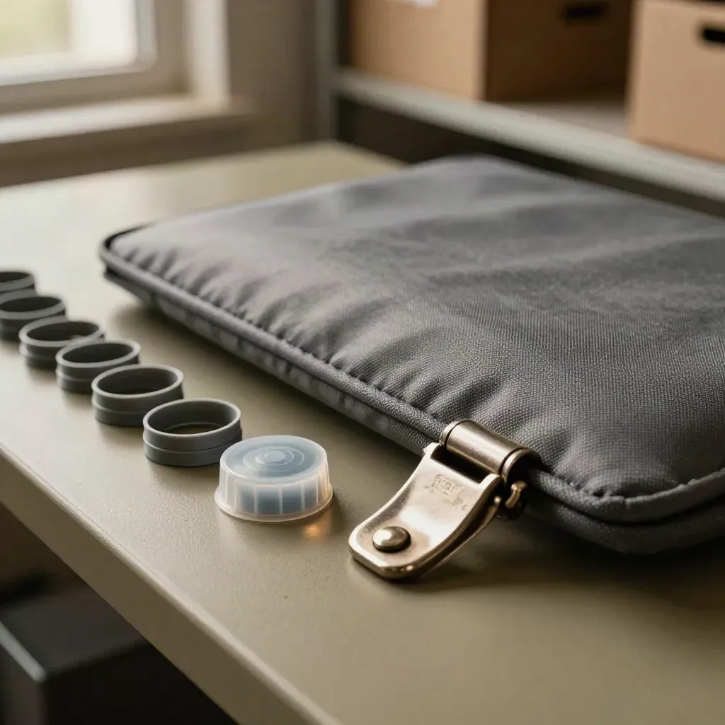 Office move tools: cable ties, monitor sleeve, chair glides and crate latch on a packing bench