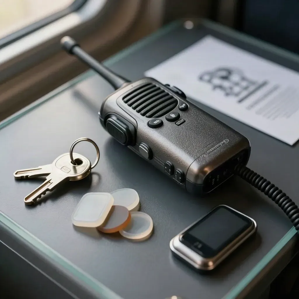 Dispatch radio, truck keys, route magnets and phone cradle on a dark desk, top-down.