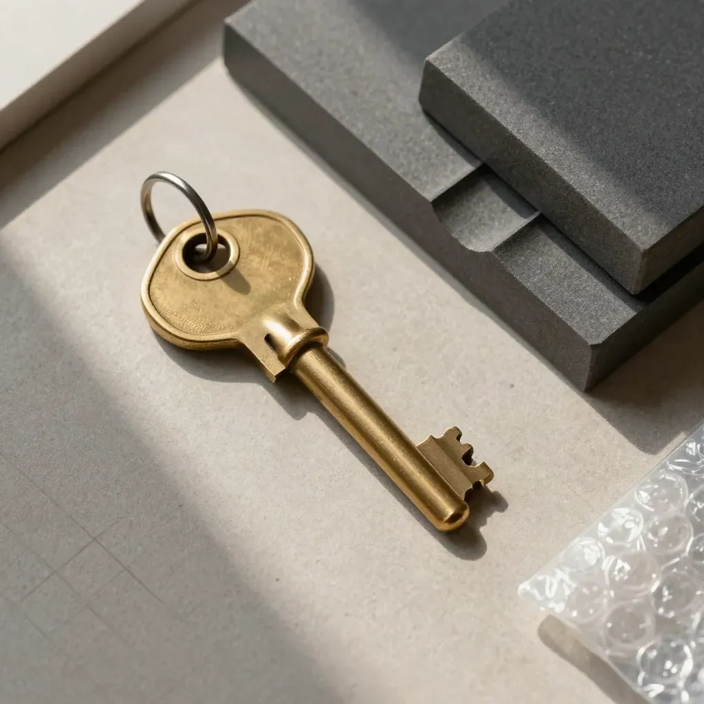 Overhead flatlay of a brass key, blank tag, stair sample block, and bubble wrap on stone.
