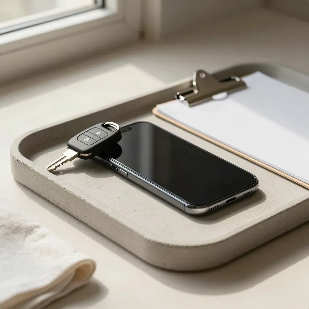 Truck key, face-down phone, and clipboard on a stone tray with a white cloth