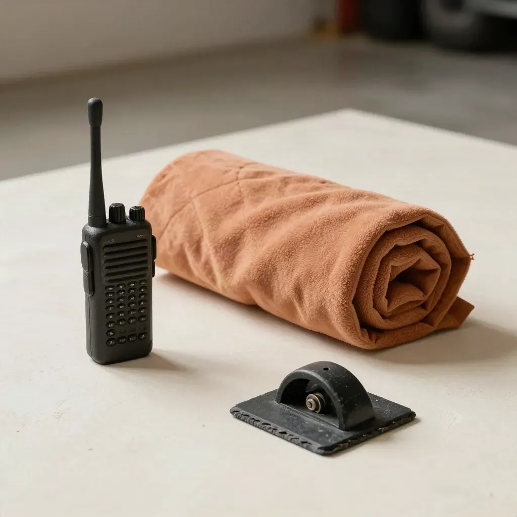Walkie-talkie, rolled moving blanket, wheel chock and route marker on a plaster sweep