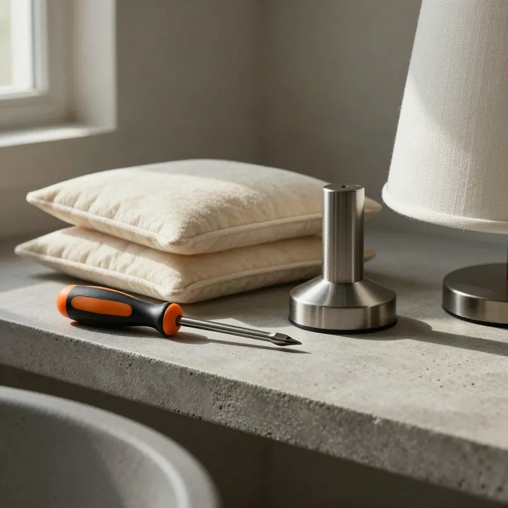 Screwdrivers, furniture pads and a lamp base with shade on a stone shelf