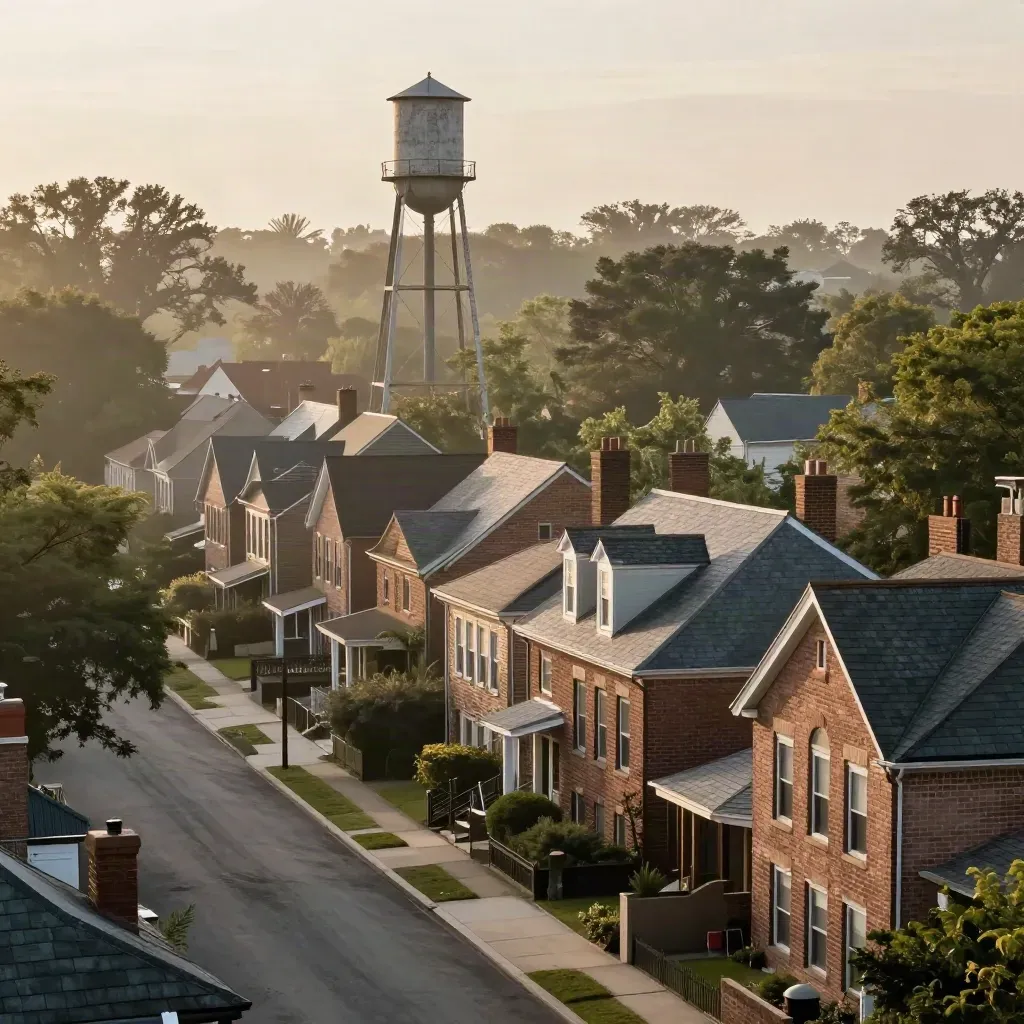 Hazy west suburban bungalows and an old water tower over quiet tree-lined streets.
