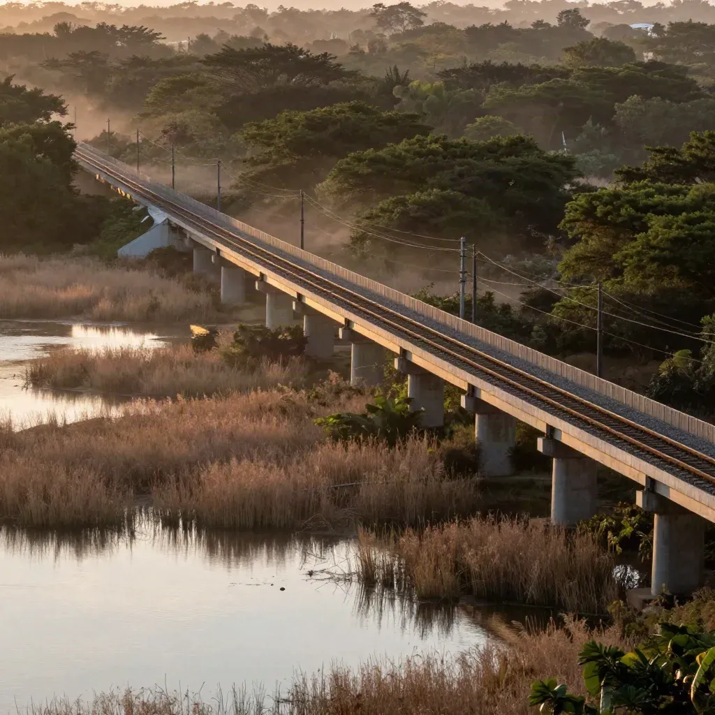 South suburban wetlands with rail lines, low bridges, and glowing sunset haze