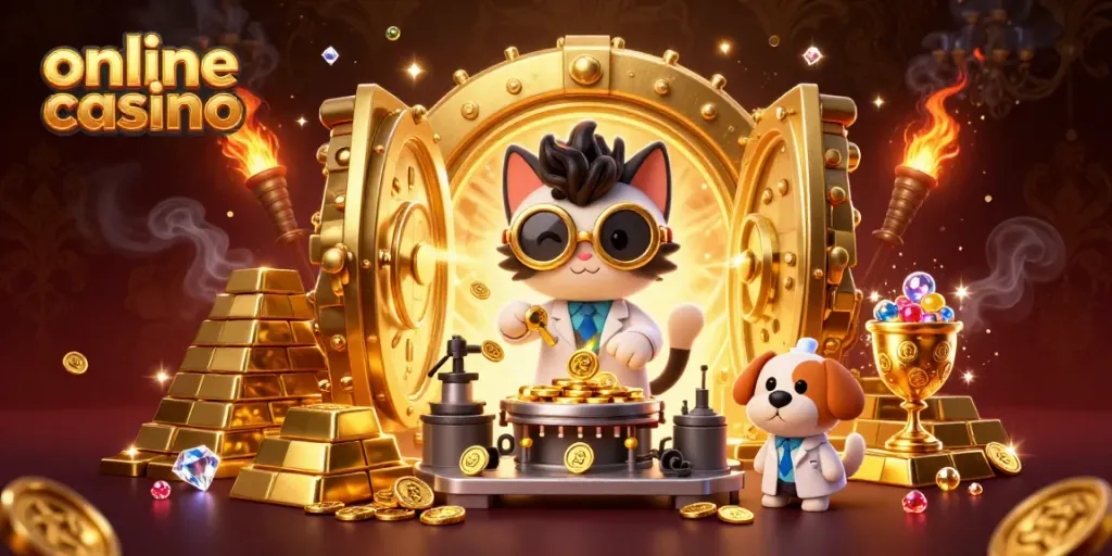 Engage in an exciting online casino adventure with a mad scientist cat and assistant dog amid golden treasures and thrilling game elements.