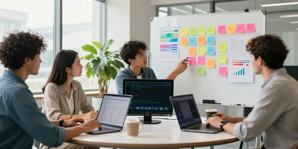 Dynamic workspace at https://jago108.com/ showcasing a creative marketing team collaborating with laptops and whiteboard notes.