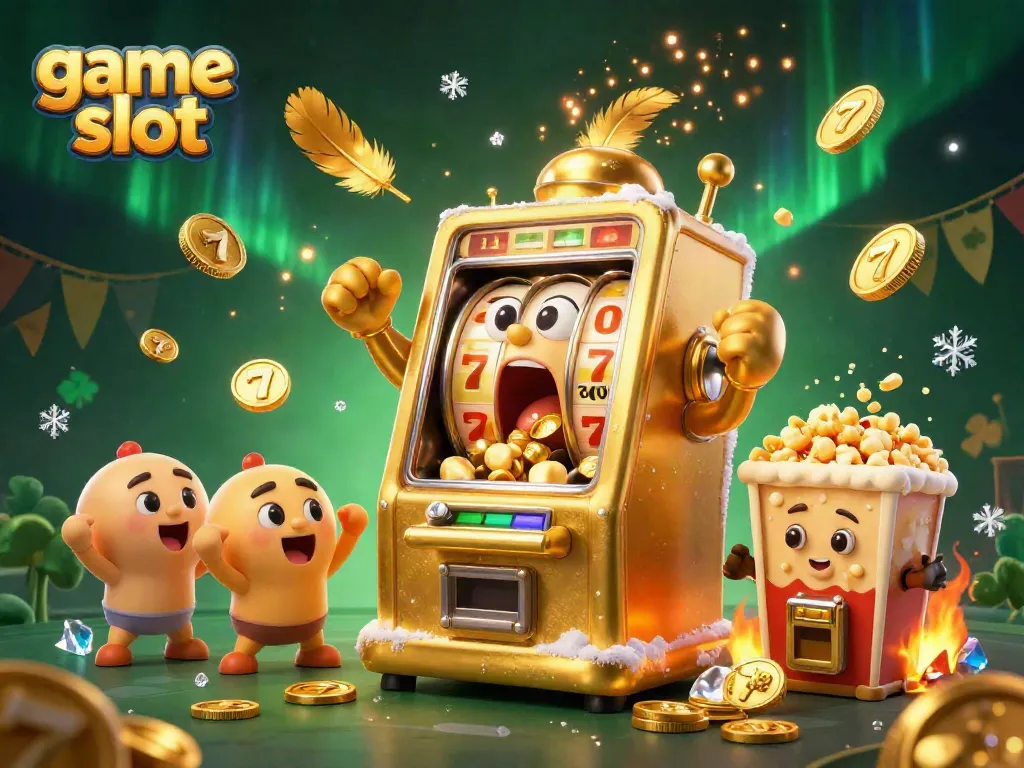 Exciting game slot action as a cartoon slot machine wins with gold coins pouring out, surrounded by cheering machines.