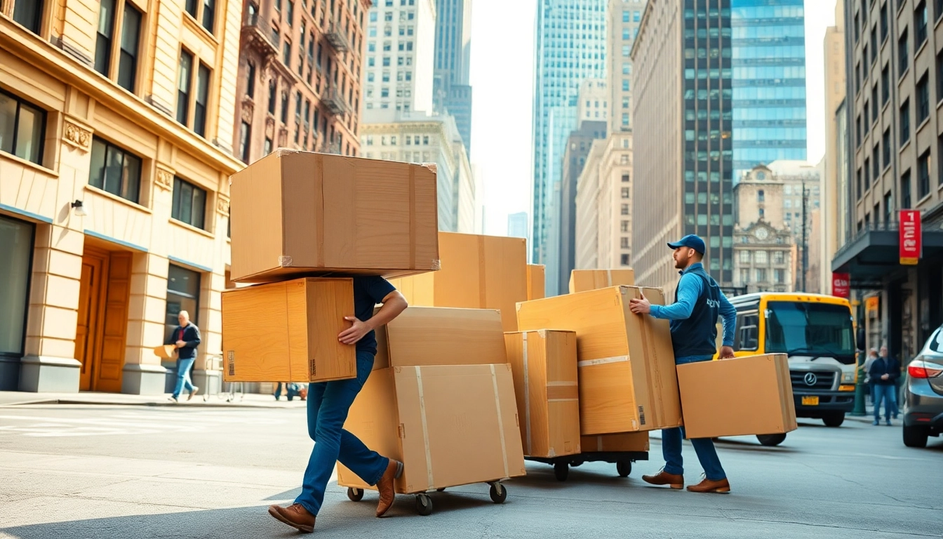 Residential movers NYC transporting boxes with care in a vibrant New York City setting.
