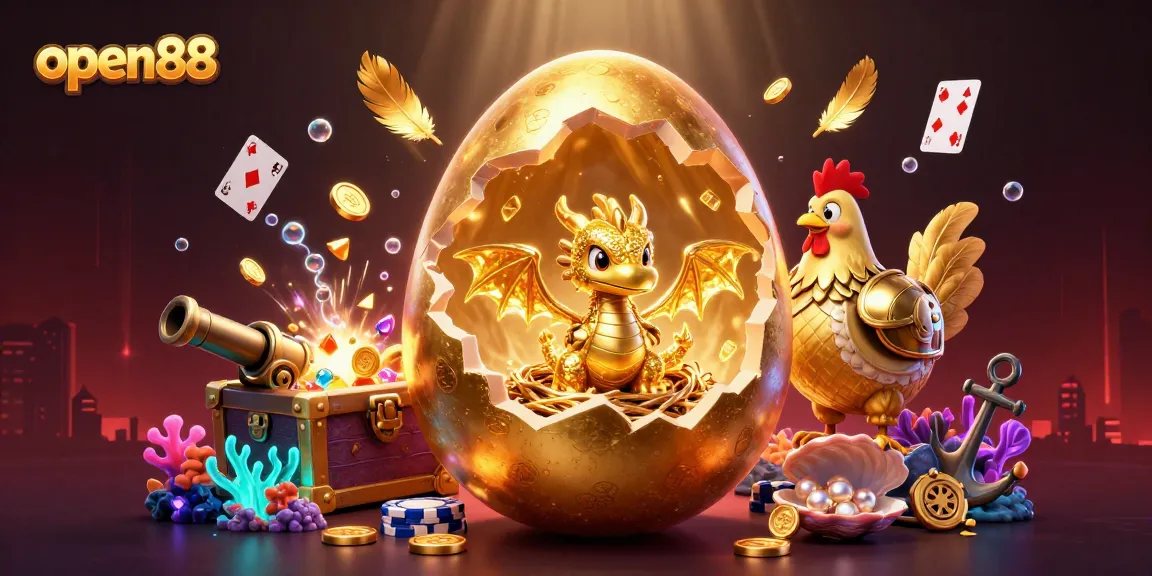 Experience the excitement of open88 with this vibrant 3D illustration featuring golden dragons and poker chips.