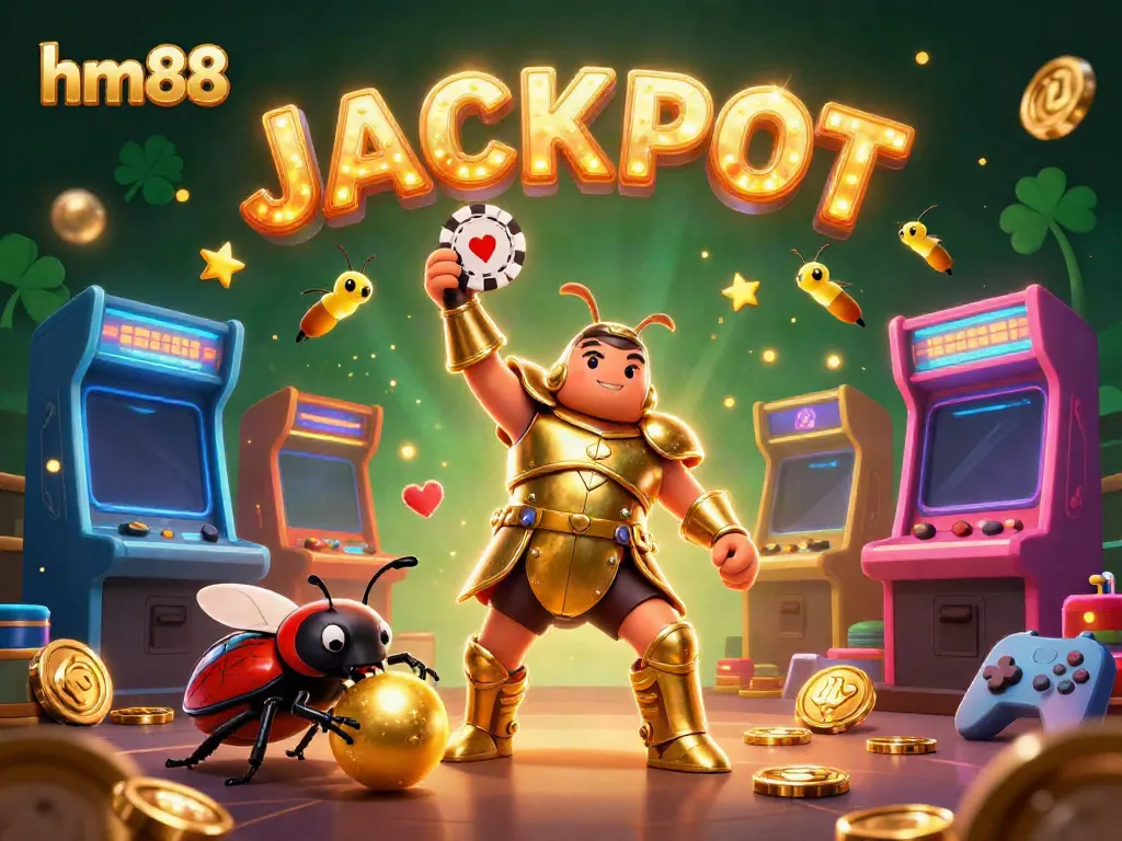 Winning at HM88 casino with a victorious beetle lifting a poker chip, surrounded by vibrant game elements.
