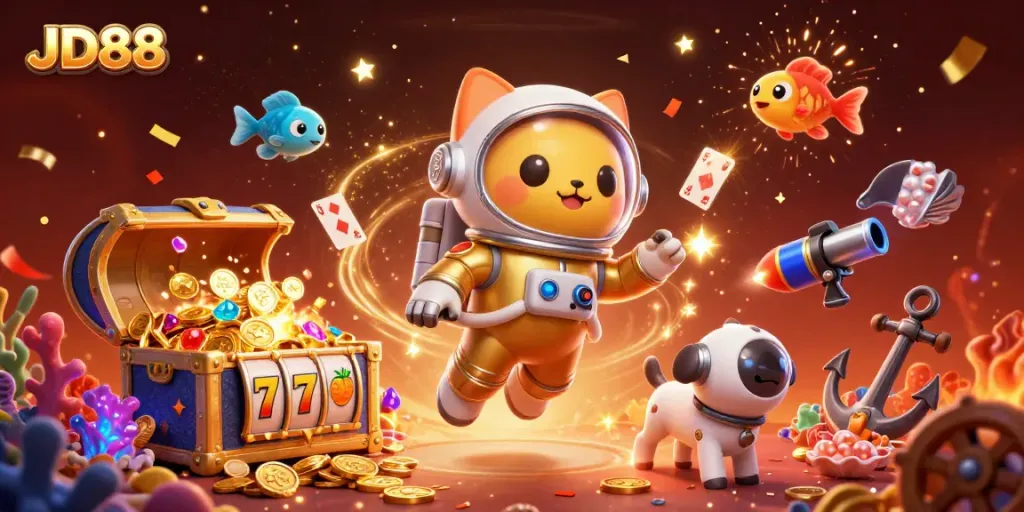 Experience the excitement of JD88 with a golden space cat and vibrant gaming elements.