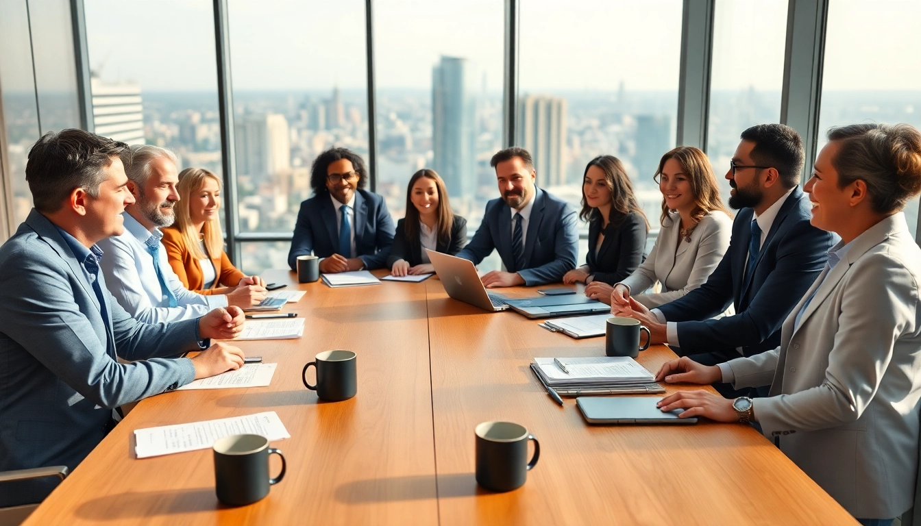 Engaged professionals discussing Federal and State contracts and grants in a modern office.