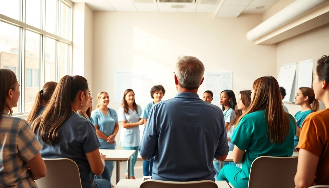 Engaging in person Nclex review in Houston with diverse nursing students and an instructor.