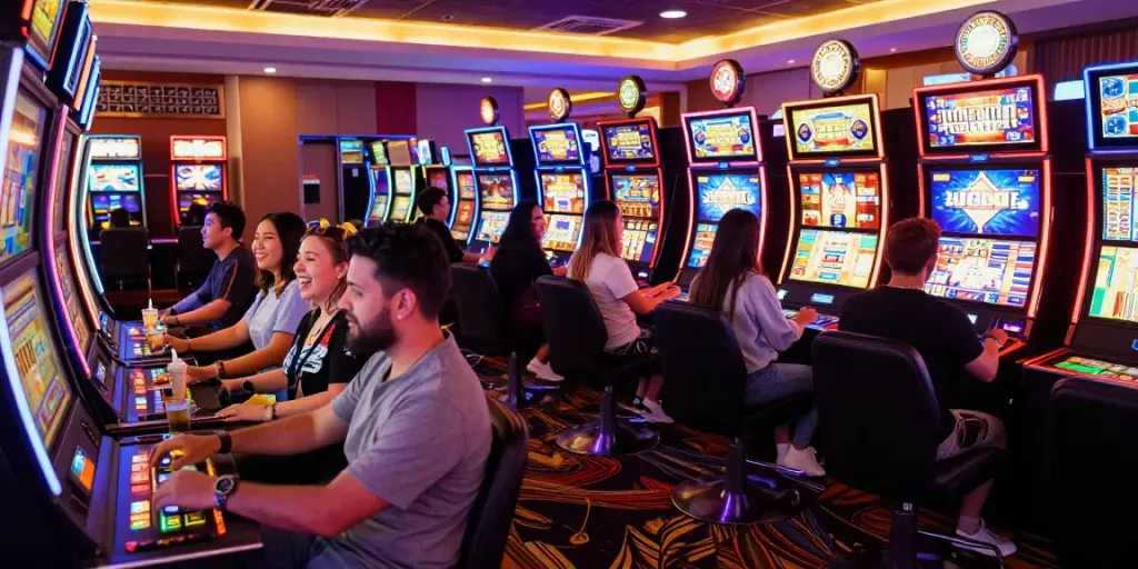 Players enjoying their time at slot gacor machines in a lively casino.