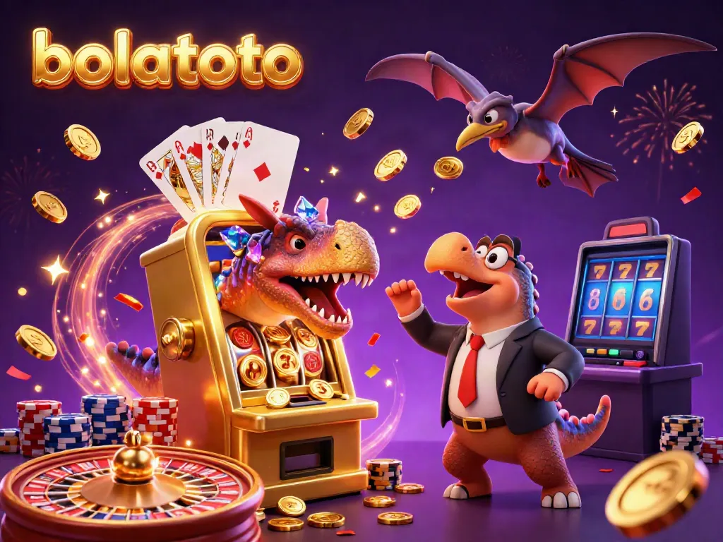 Experience thrilling jackpot moments at bolatoto with a cartoon dinosaur headbutting a winning slot machine.