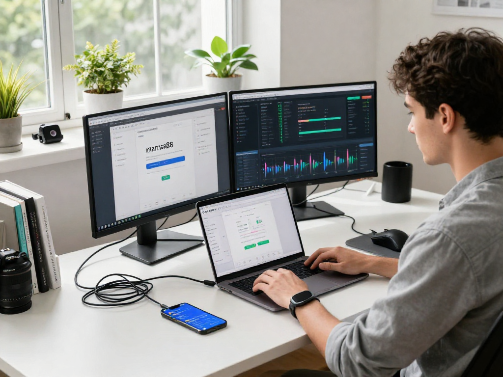 mantra88 login interface on laptop in a bright tech workspace with analytics dashboards
