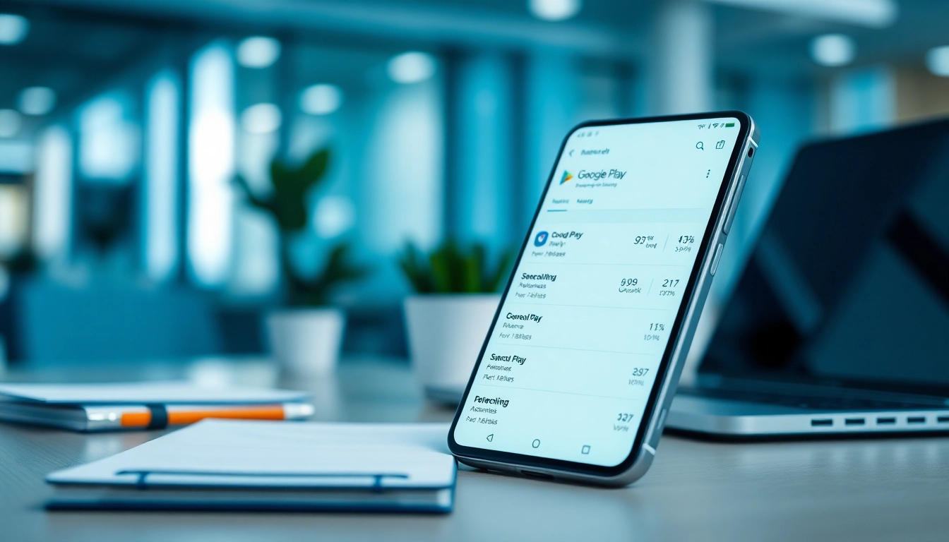 Analyze google play ranking on a smartphone set in a modern office environment.