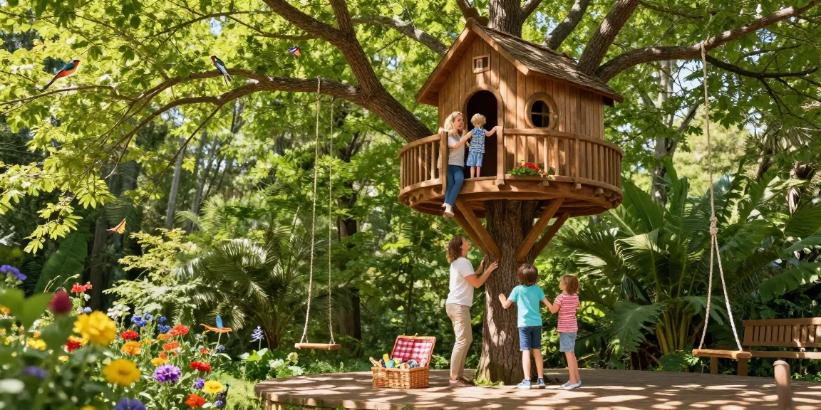 Family climbing treehouses in a lush forest, enjoying an outdoor adventure.