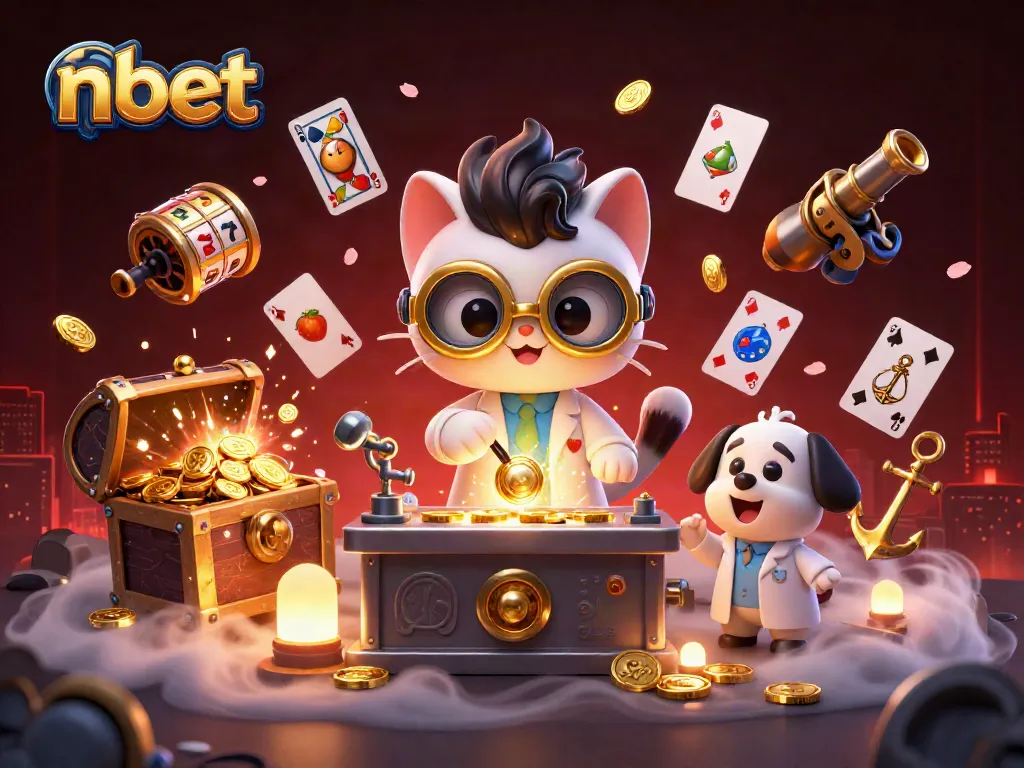 Nbet showcases a vibrant online casino scene with floating playing cards and gold coins in a lively 3D illustration.