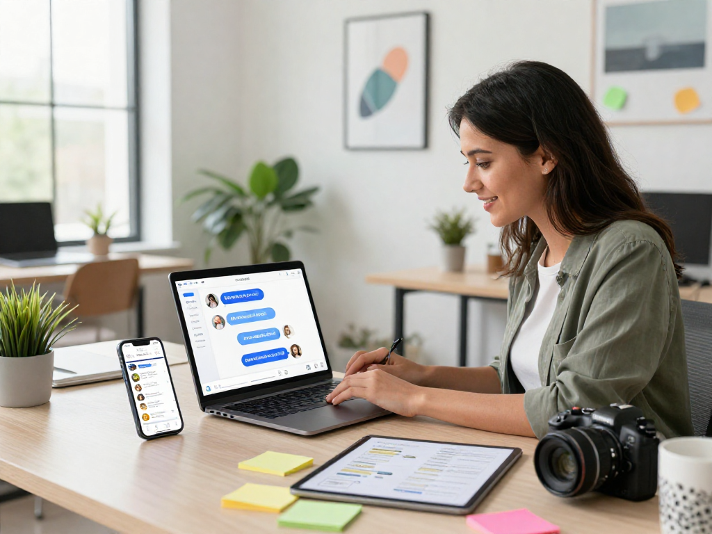 Engaging spicy chat AI interface on a laptop in a modern workspace with vibrant decor.