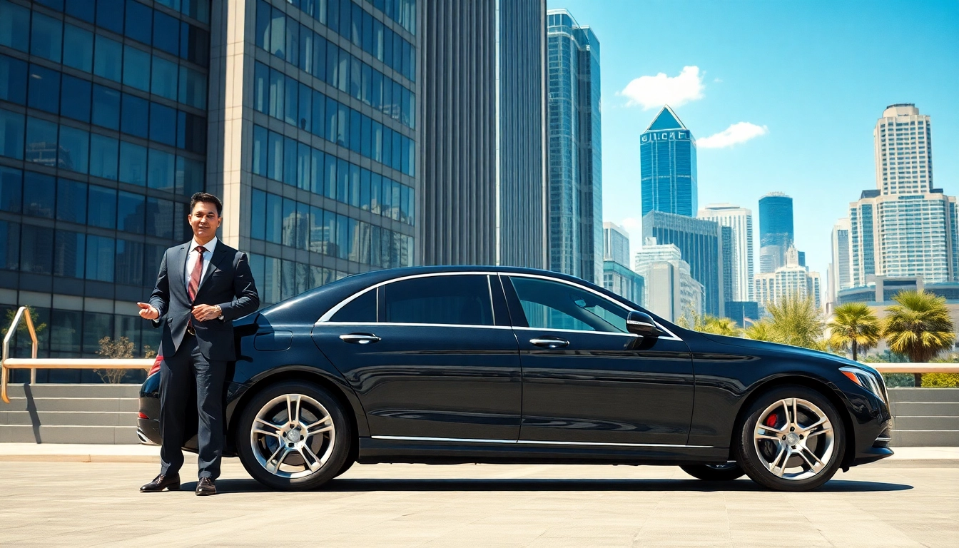 Experience a premium black car service with a professional chauffeur in an elegant urban environment.
