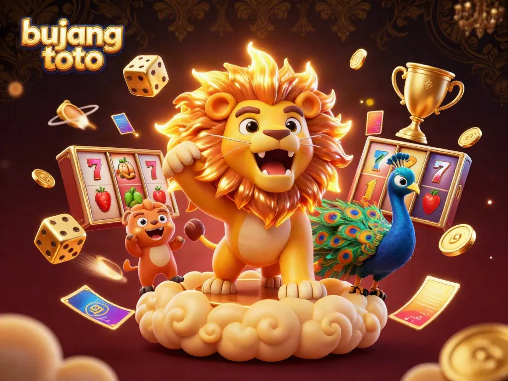 Bujang Toto showcases a vibrant 3D scene with a lion and dynamic slot elements, capturing the casino essence.