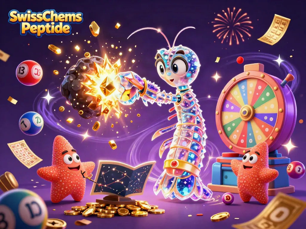 Engage with the excitement of SwissChems Peptide as a galactic mantis shrimp transforms asteroids into golden treasures.