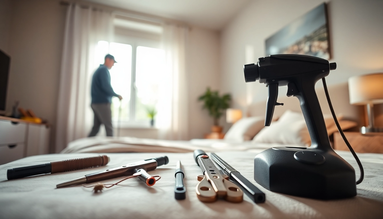 Bed bug exterminators examining a bedroom for pest issues with professional tools.