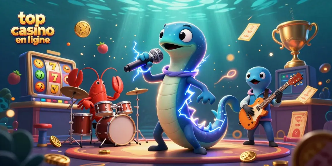Vibrez comme jamais dans le top casino en ligne avec cette illustration captivante d'un electric eel DJ et son groupe sous-marin.