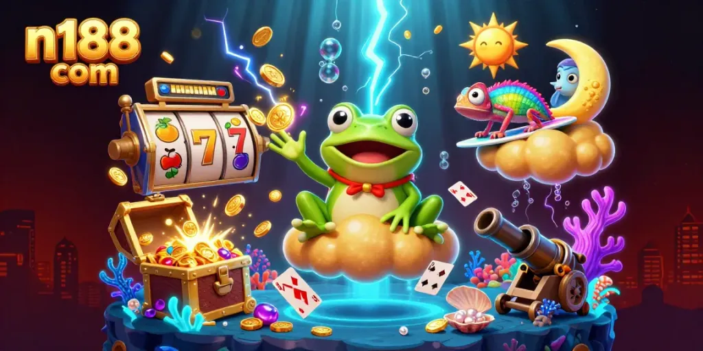 Experience the thrilling excitement at n188 com with golden coins and colorful gems in this vibrant 3D casino scene.