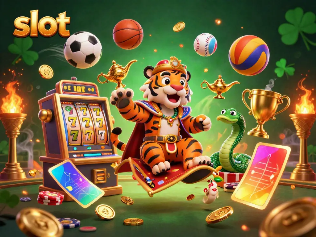 Mesin slot yang menyenangkan dikelilingi simbol, koin emas, dan geng harimau sultan dalam suasana kasino.