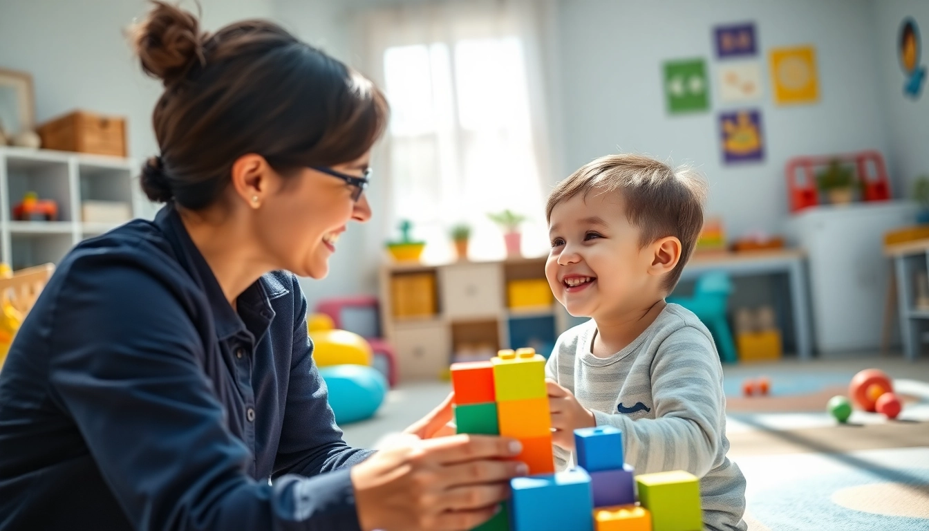 Engaging scene of ABA therapy for kids in a bright therapy room, emphasizing joyful interactions.